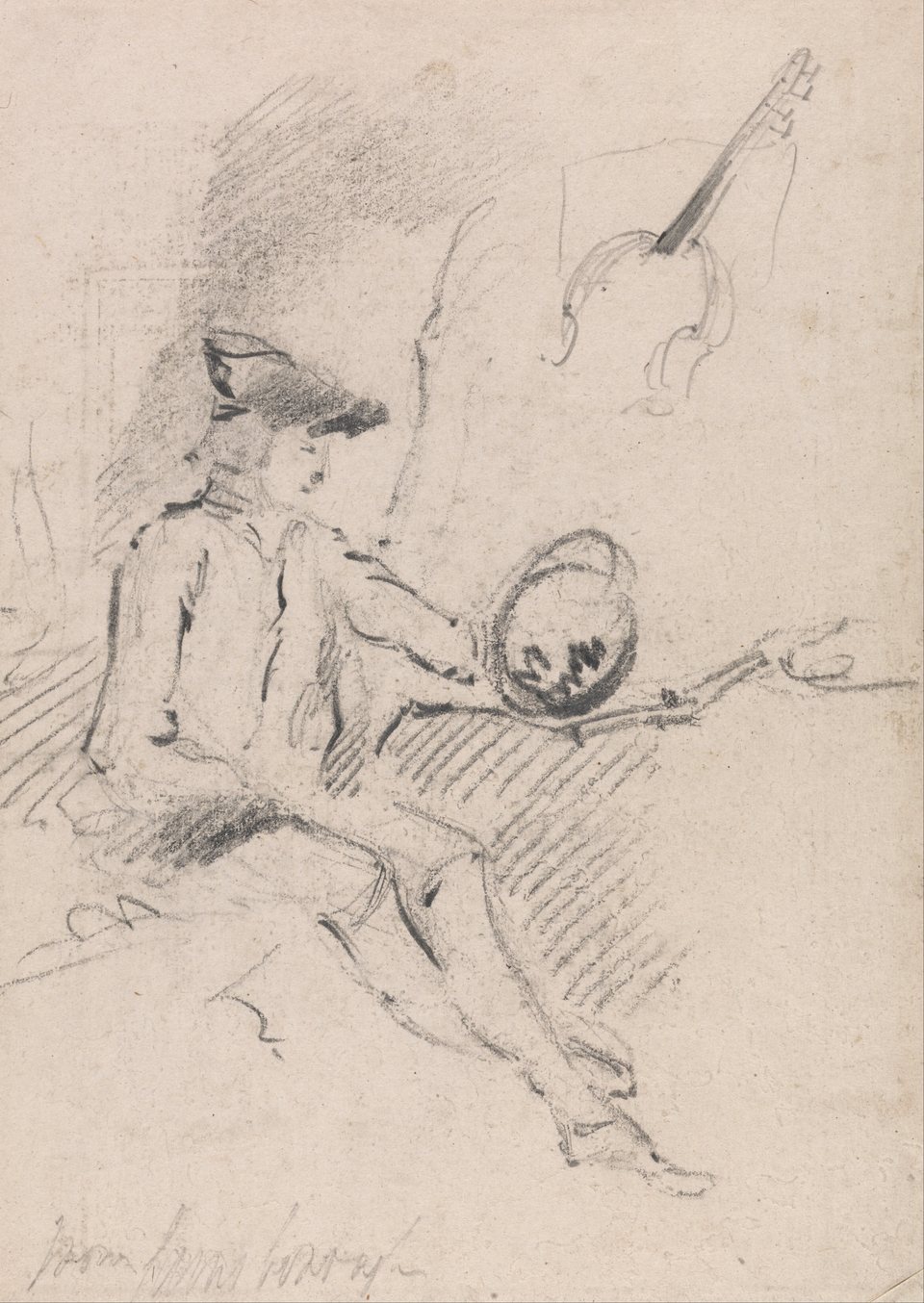 A loose graphite sketch of a seated young man in a tricorn hat holding up a small oval mirror on a handle and looking into it.