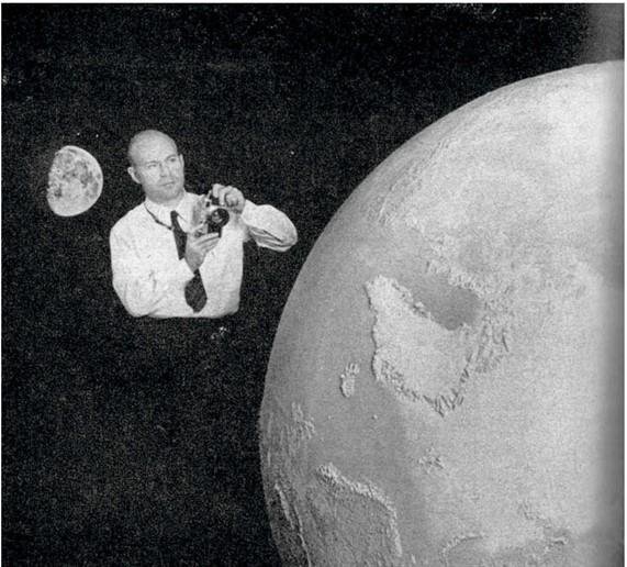 Arthur Rothstein, holding a camera, appears suspended in black space between small models of the Moon and the Earth.